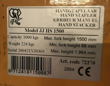 2313 handstapelaar hoogheffer 1000 kg jj hs 1500 3